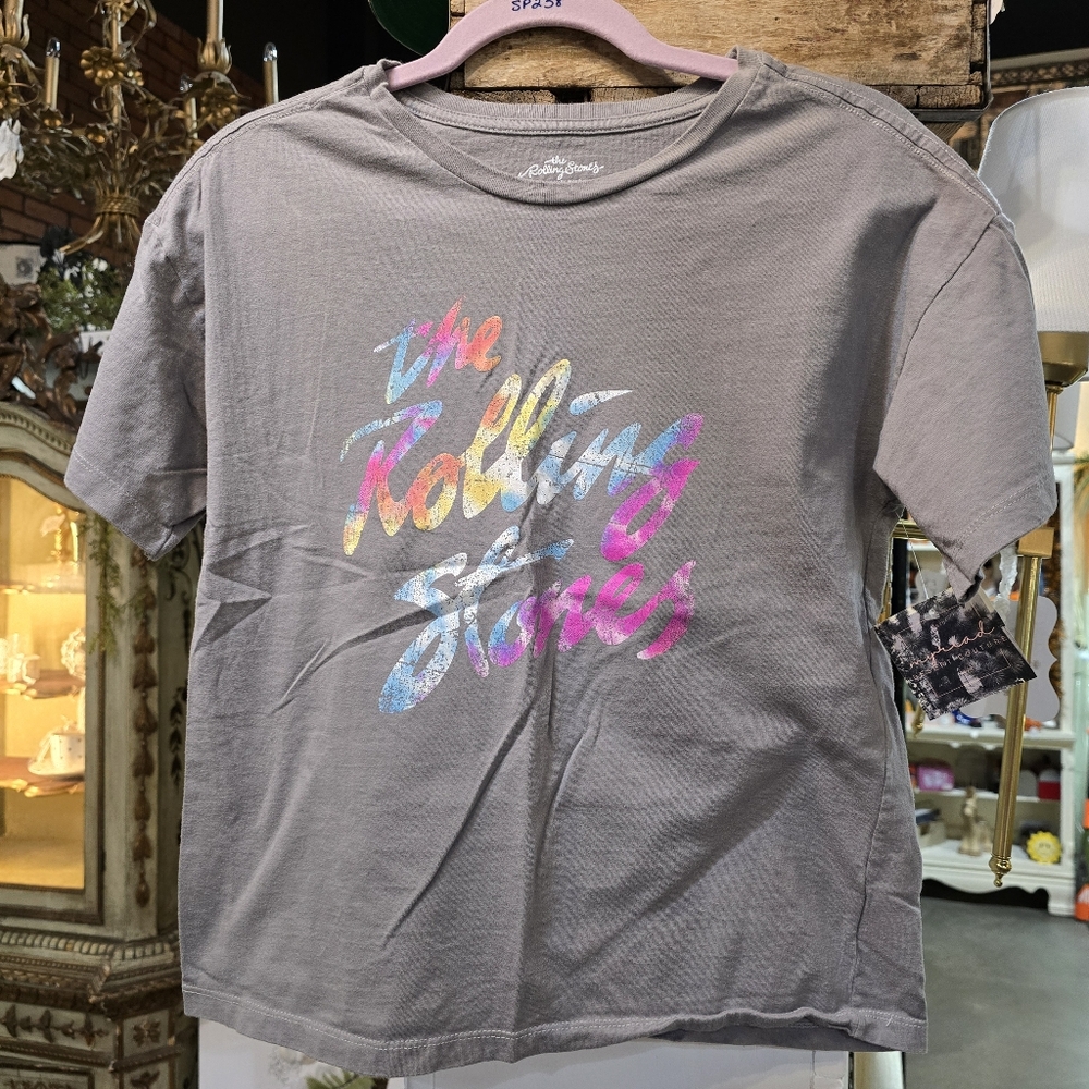 The Rolling Stones Crop Tee in Gray with Multicolor Logo